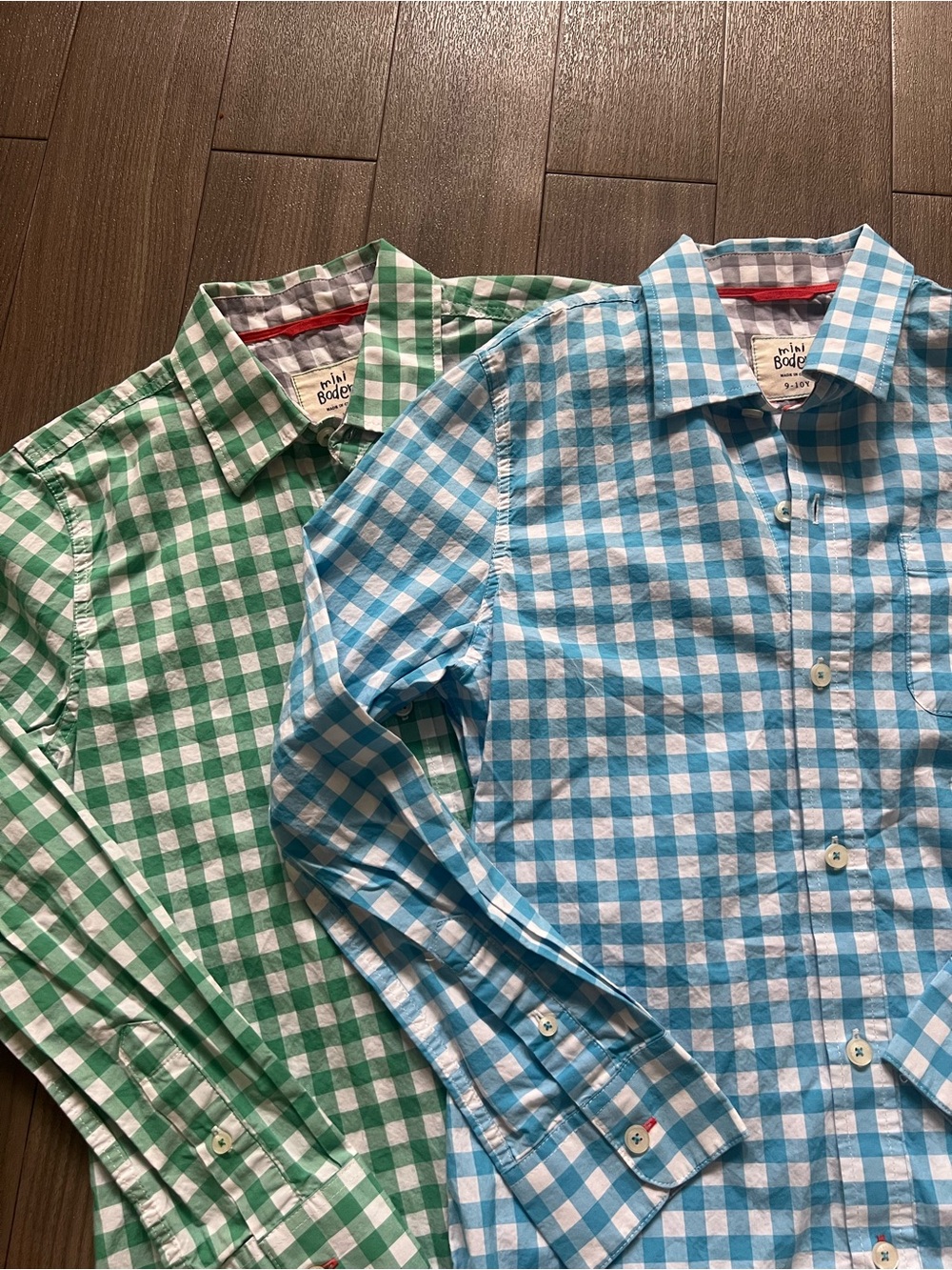 Mini Boden Boys Gingham Plaid Button-Down Shirts in Blue & Green